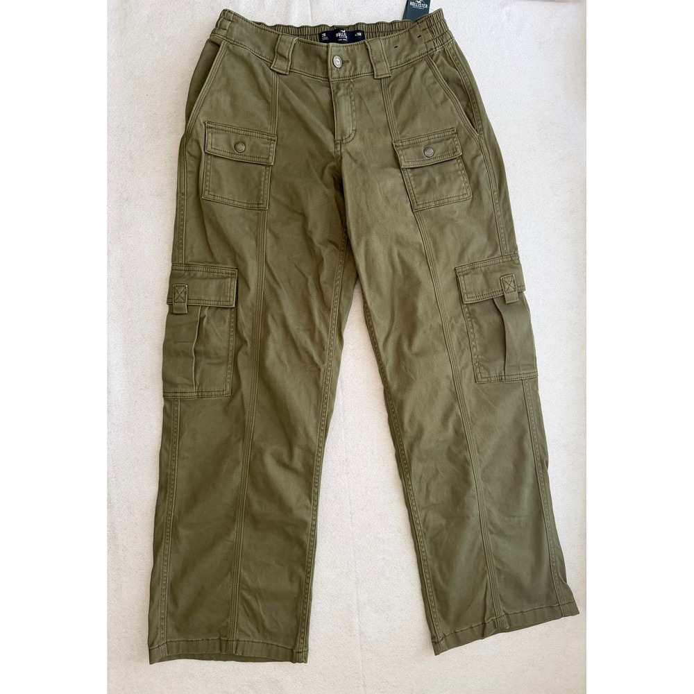 Hollister Low Rise Baggy Cargo Pants Olive Green Utility 2R W26 Streetwear NEW - Picture 2 of 11